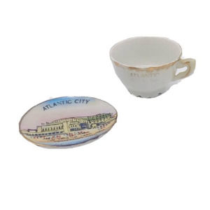 Vintage Atlantic City New Jersey Miniature Tea Cup Saucer Plate Set Souvenir 80s